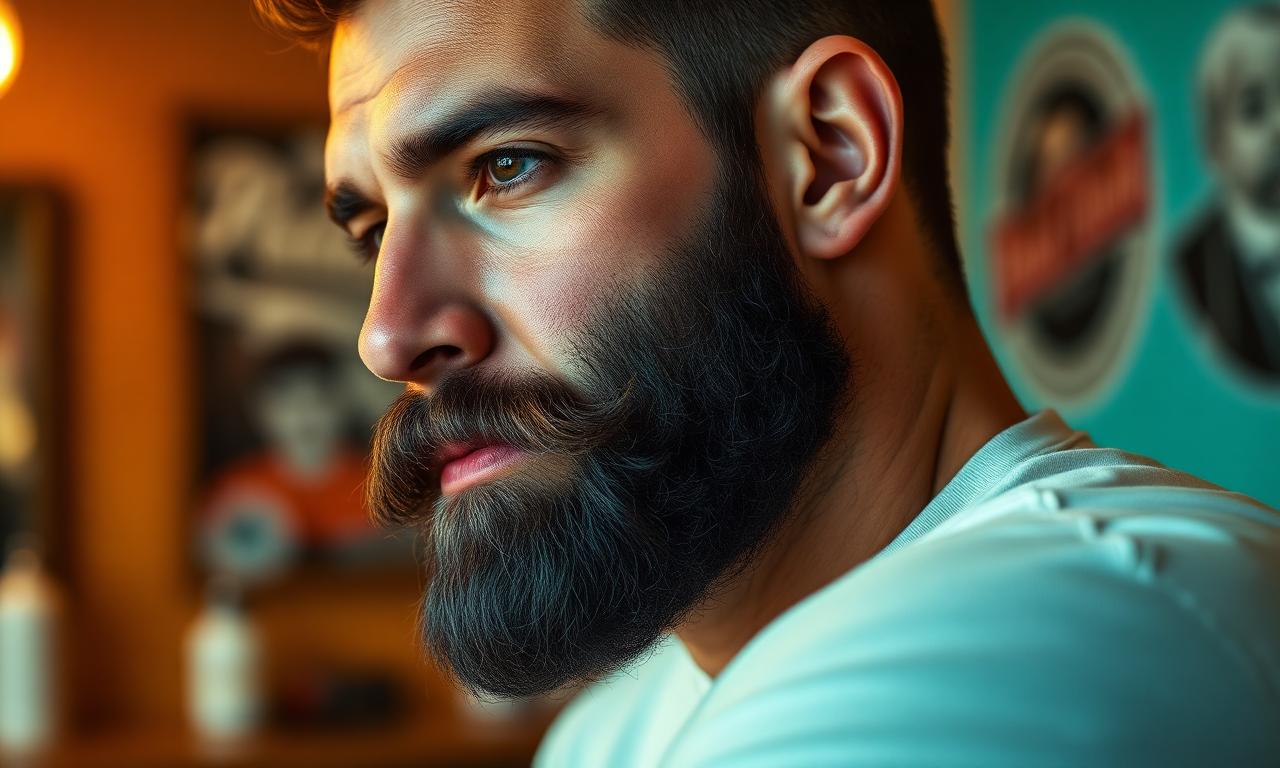 Portrait of a man with a sculpted dark beard and sharp line-up