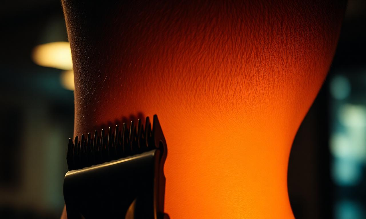 Macro shot of clipper blades against a freshly faded haircut