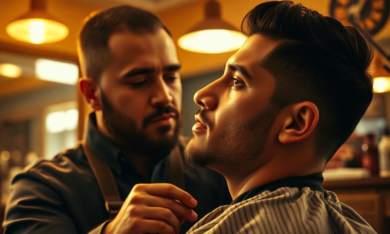 Hispanic barber giving a low taper fade haircut in a premium Florida barbershop
